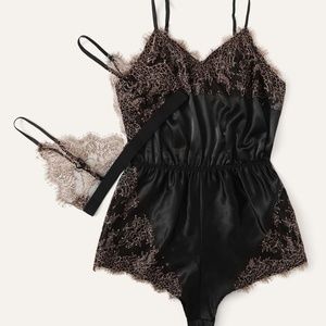 Eyelash Lace Satin Teddy Bodysuit With Bralette